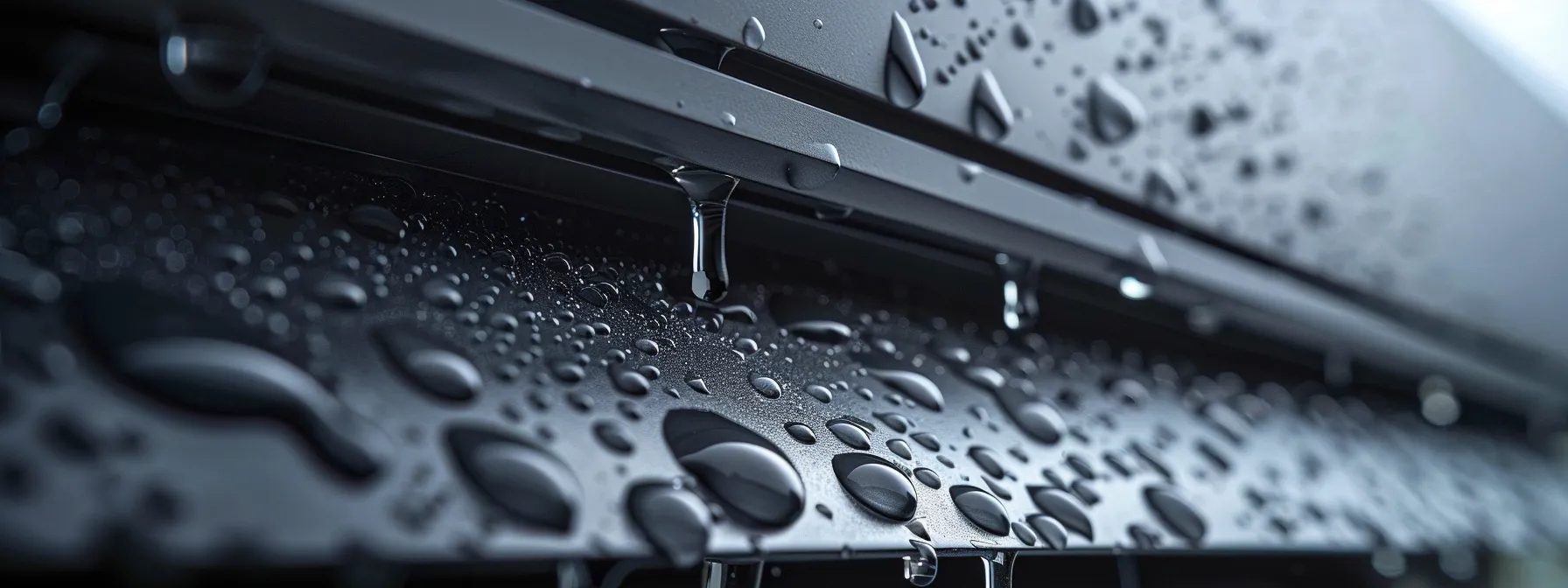 Close-up of water droplets on a black air conditioning unit, highlighting condensation and moisture control. Ideal for HVAC maintenance, cooling systems, humidity issues, and energy efficiency topics.