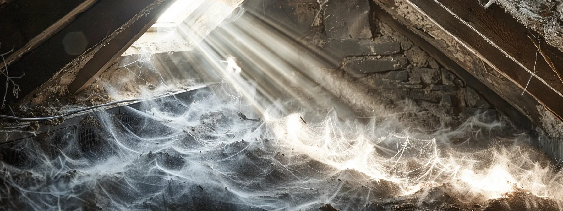 Sunlight streaming through dusty attic windows, illuminating spider webs and aged wooden beams. Ideal for themes of abandoned spaces, home renovation, attic cleaning, or haunting atmospheres.