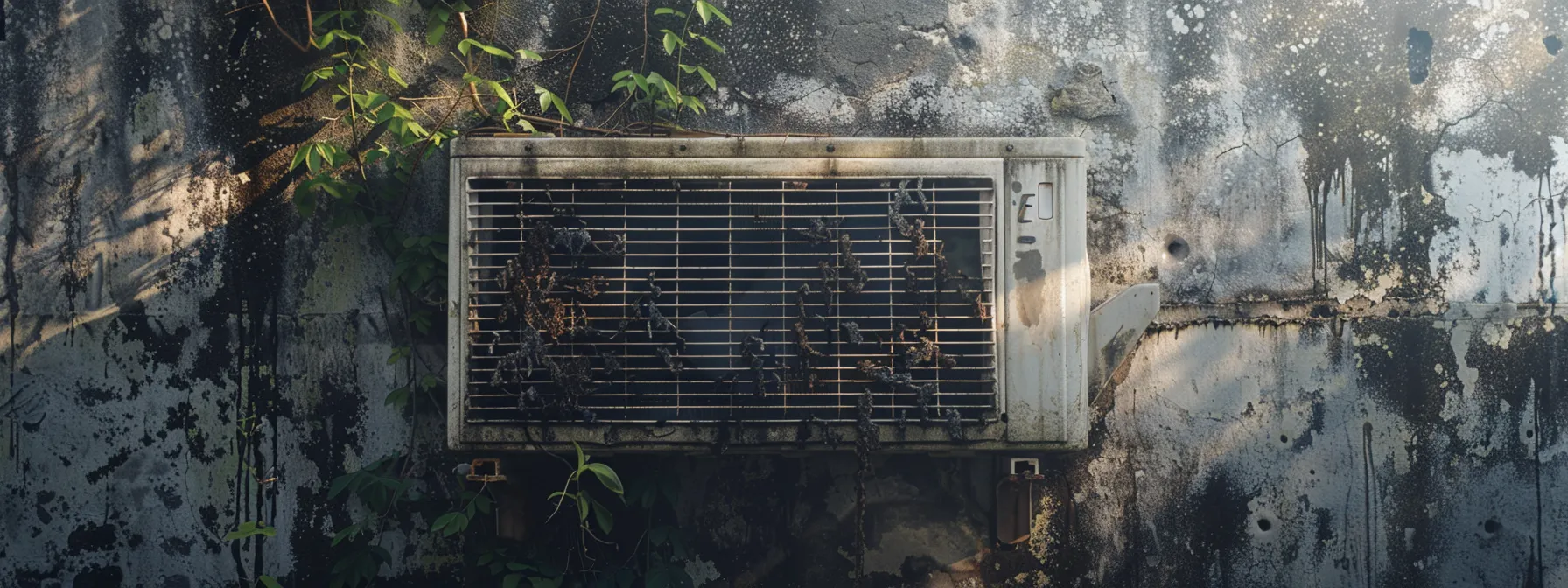 Old, abandoned air conditioning unit covered in rust and vines against a weathered, moldy wall. Perfect visual for themes of urban decay, neglect, environmental impact on structures, and HVAC maintenance needs.