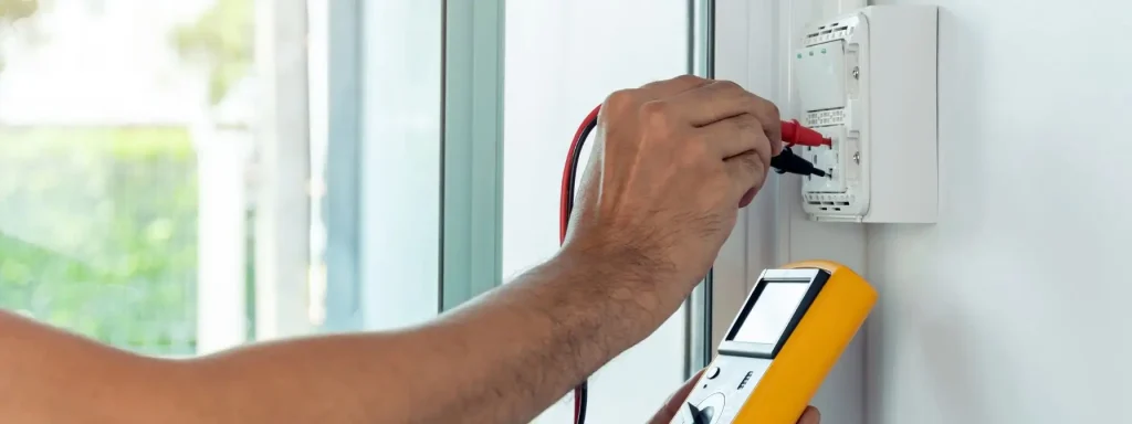 A technician uses a multimeter to test an electrical outlet on a wall, illustrating the importance of routine inspections to ensure home electrical systems are safe and functioning properly.