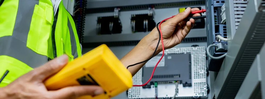 An electrician in a high-visibility vest uses a digital multimeter to test voltage inside an electrical panel, highlighting the importance of professional inspections for home electrical safety.