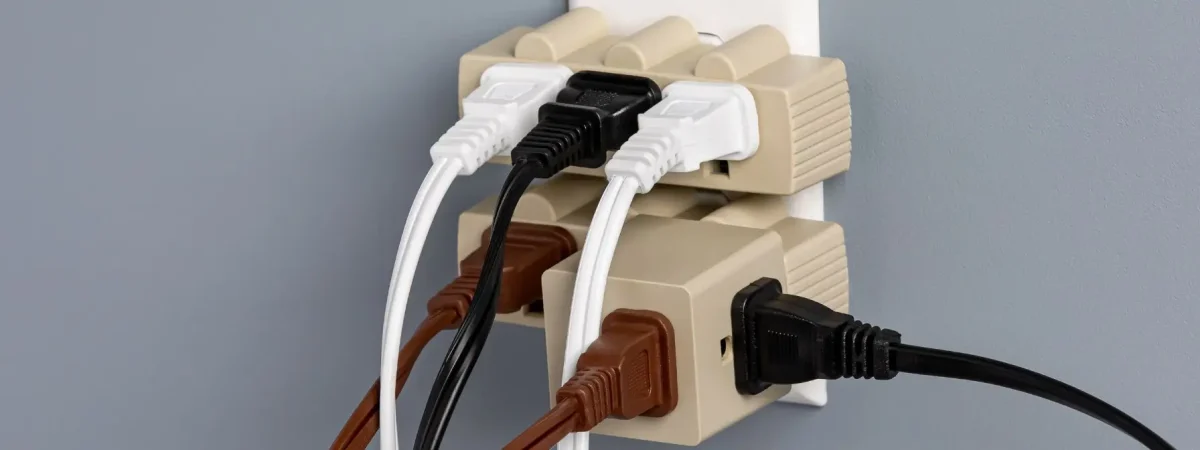 Overloaded electrical outlet with multiple adapters and power cords plugged in, demonstrating a common home safety hazard.
