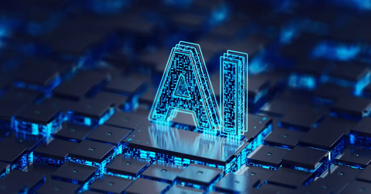 A 3D digital rendering of the letters "AI" glowing in bright blue, set on a futuristic grid of interconnected circuit-like tiles, representing artificial intelligence technology.