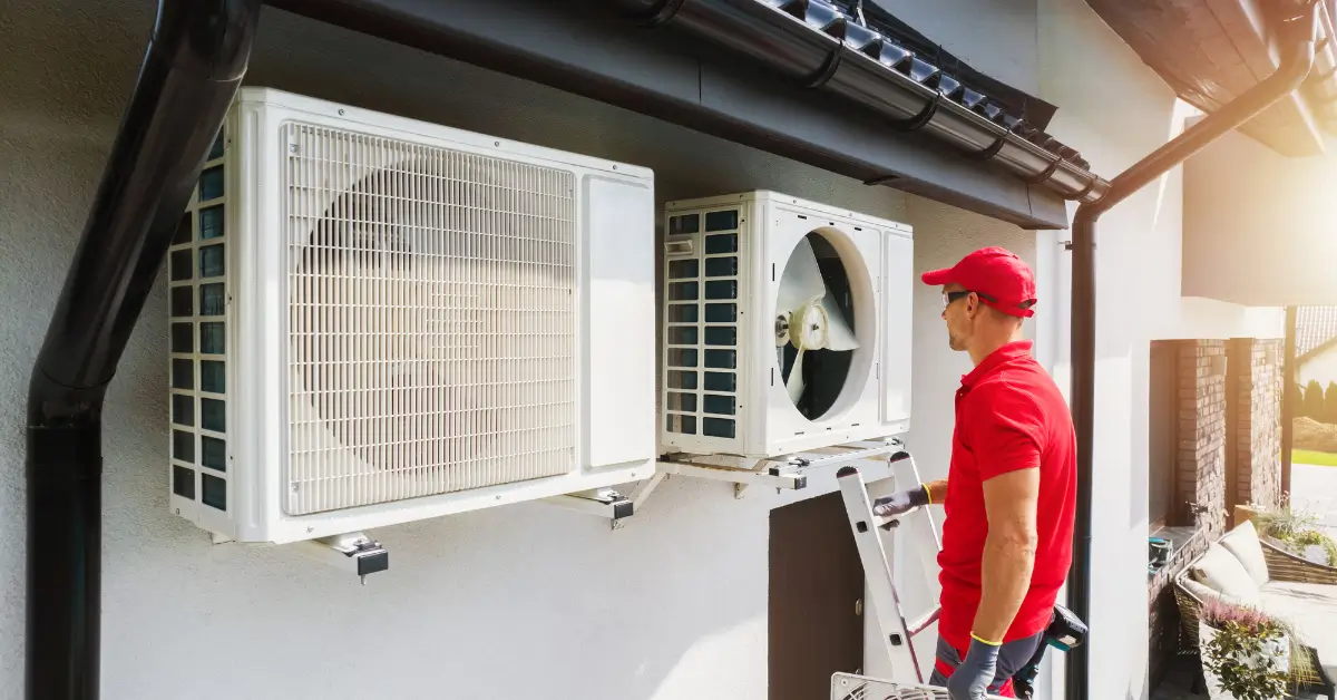 An HVAC technician in a red uniform and cap standing on a ladder, inspecting and servicing outdoor wall-mounted air conditioning units on the side of a house.